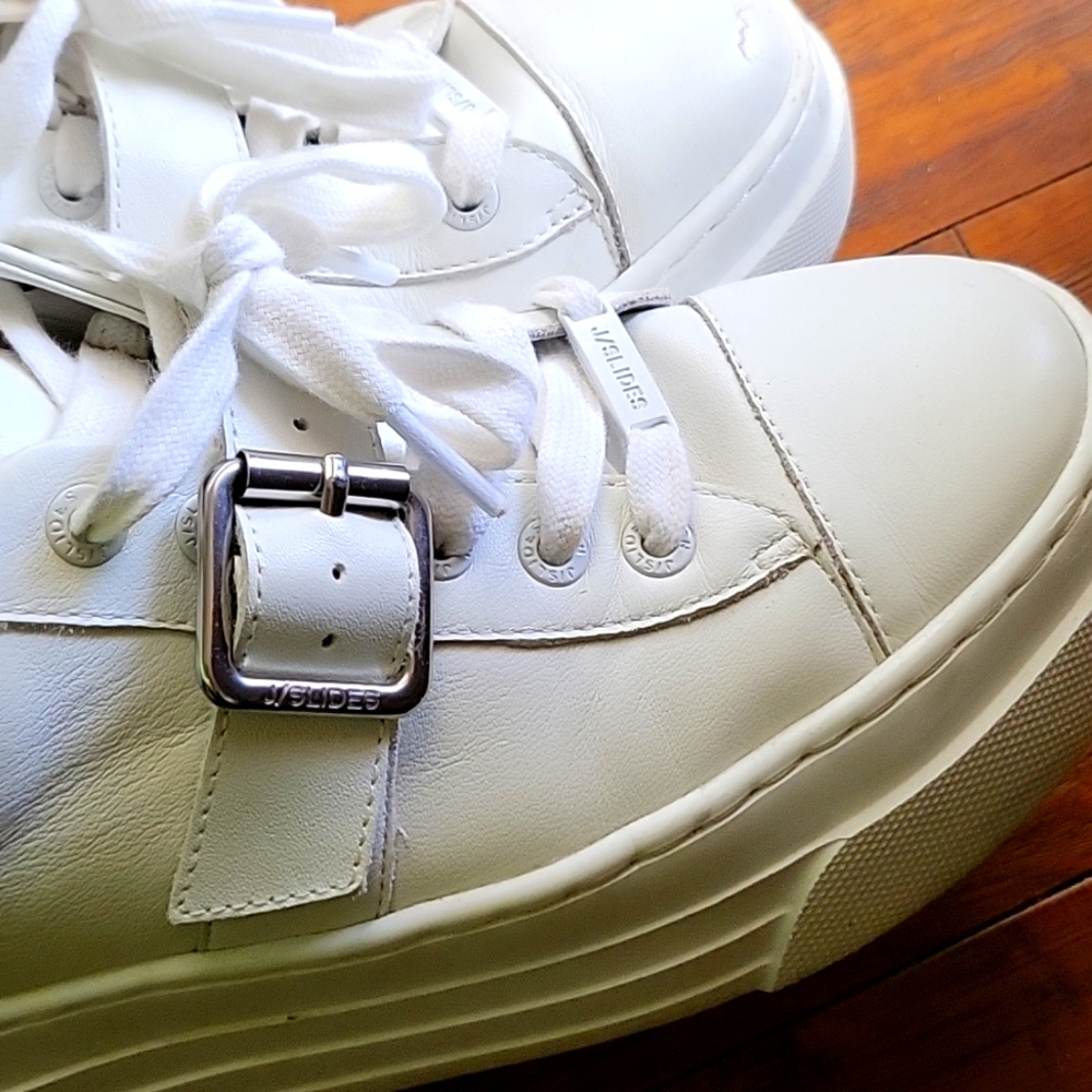 J Slides  White Courto Leather Platform Sneakers Sz 7.5